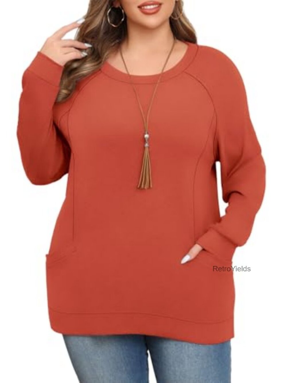 Womens Plus Size Long Sleeve Tunic Shirt with Pockets Crew Neck